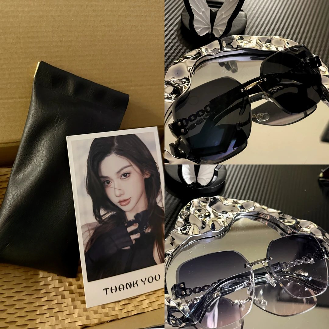 新款复古时尚太阳镜锁链镜腿大框墨镜无框切边高级感链条眼镜