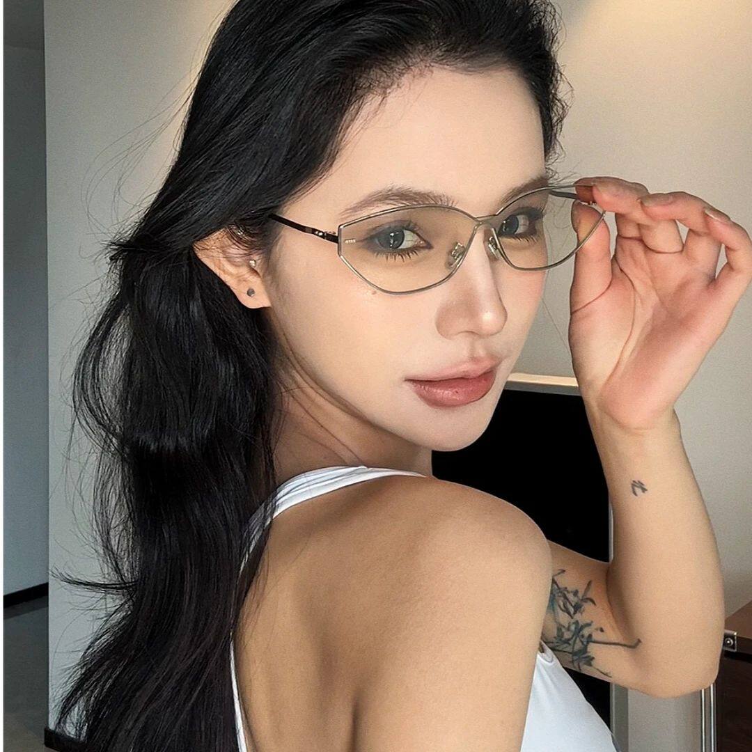 复古欧美风无框水银色Y2K亚裔辣妹风网感墨镜女方圆脸显瘦太阳镜