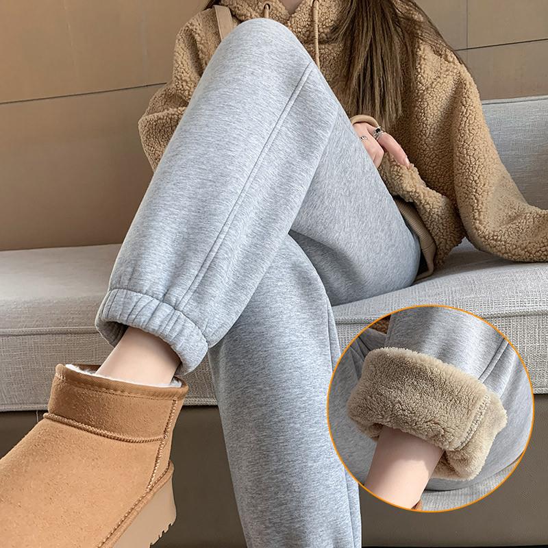 加绒运动裤女秋冬2024新款加厚灰色卫裤高腰束脚冬季羊羔绒棉裤子