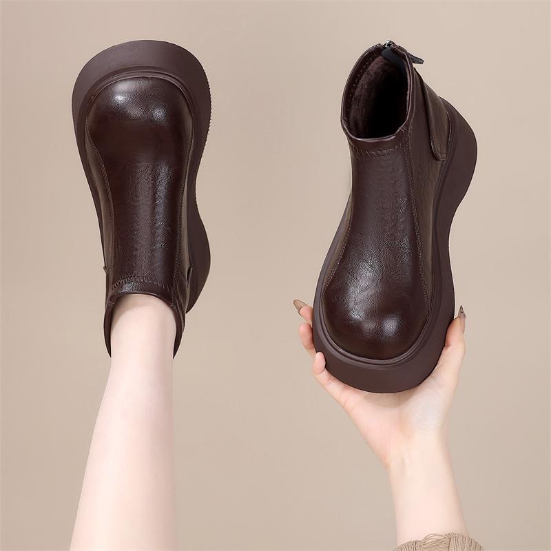 厚底短筒靴女2024秋冬新款加绒加厚保暖圆头皮面勃肯鞋增高马丁靴