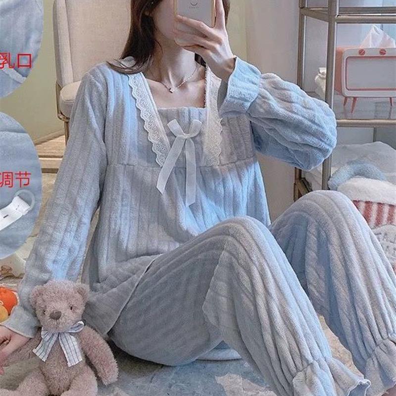 孕妇睡衣秋冬季加绒加厚珊瑚绒可调节怀孕期产后哺乳月子服可外穿