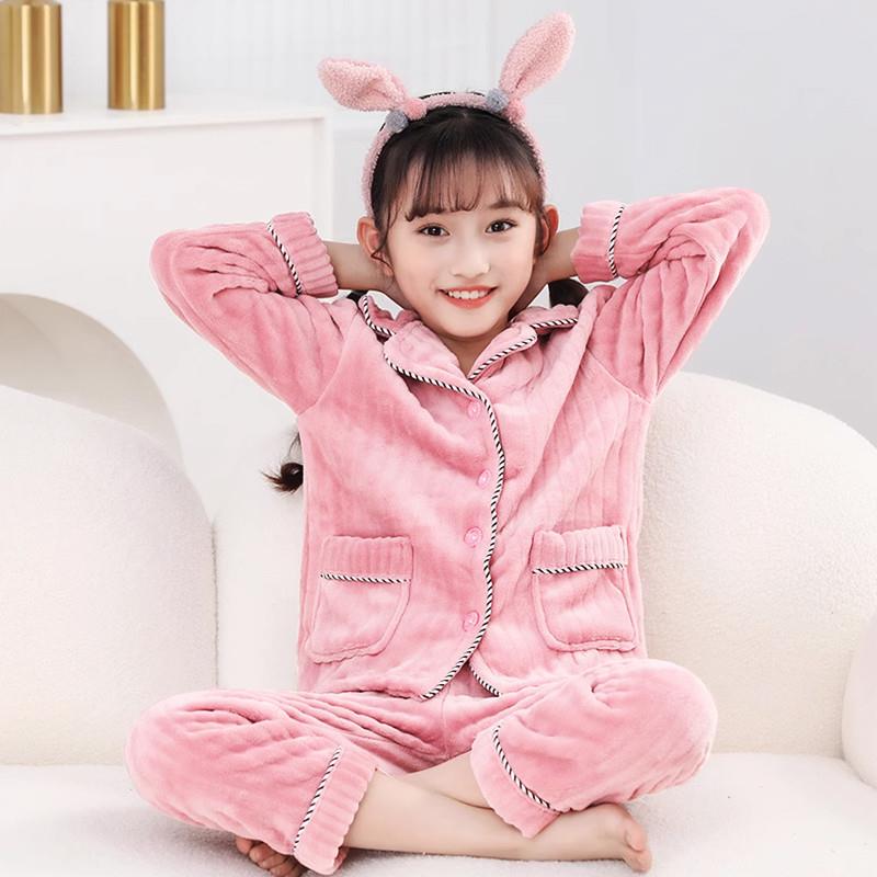 儿童法兰绒睡衣女童女孩秋冬季加厚款中大男童亲子母女珊瑚绒套装