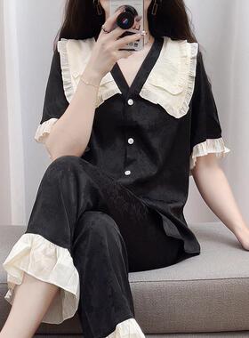 高级感小香风冰丝夏季甜美睡衣女短袖长裤法式宫廷公主家居服黑色