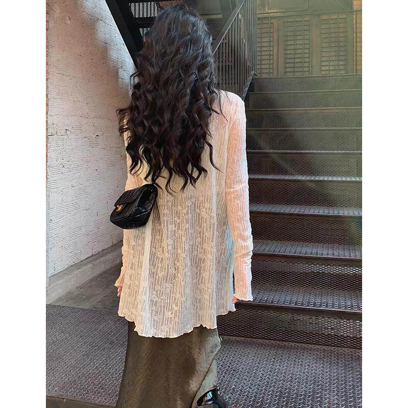 法式中长款开叉镂空蕾丝长袖T恤女夏外搭薄纱防晒罩衫空调衫上衣