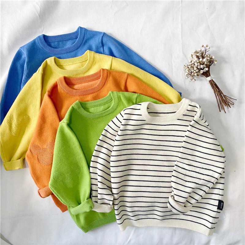 儿童春秋款纯棉线薄款毛衣宝宝百搭糖果色条纹打底针织衫男童女童