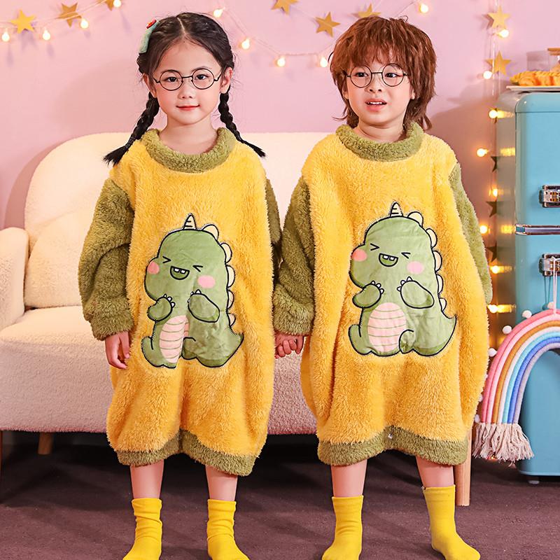 儿童珊瑚绒男童睡衣冬季加厚女孩睡袋恐龙连体中大童法兰绒防踢服