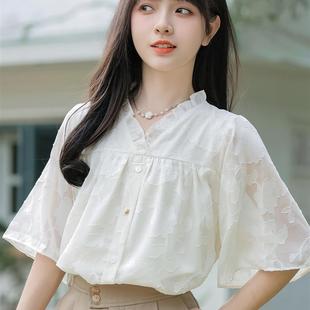 短袖 女夏季 设计感小众甜美雪纺衫 上衣 小衫 超仙喇叭袖 法式 V领衬衫