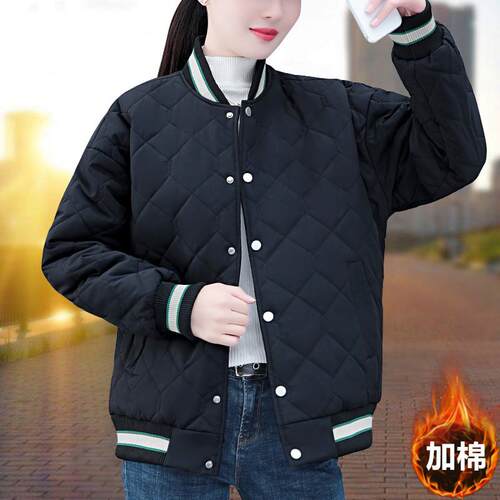 棒球服夹棉外套女秋冬2026冬季新款宽松棉衣菱格加棉加厚女士棉服
