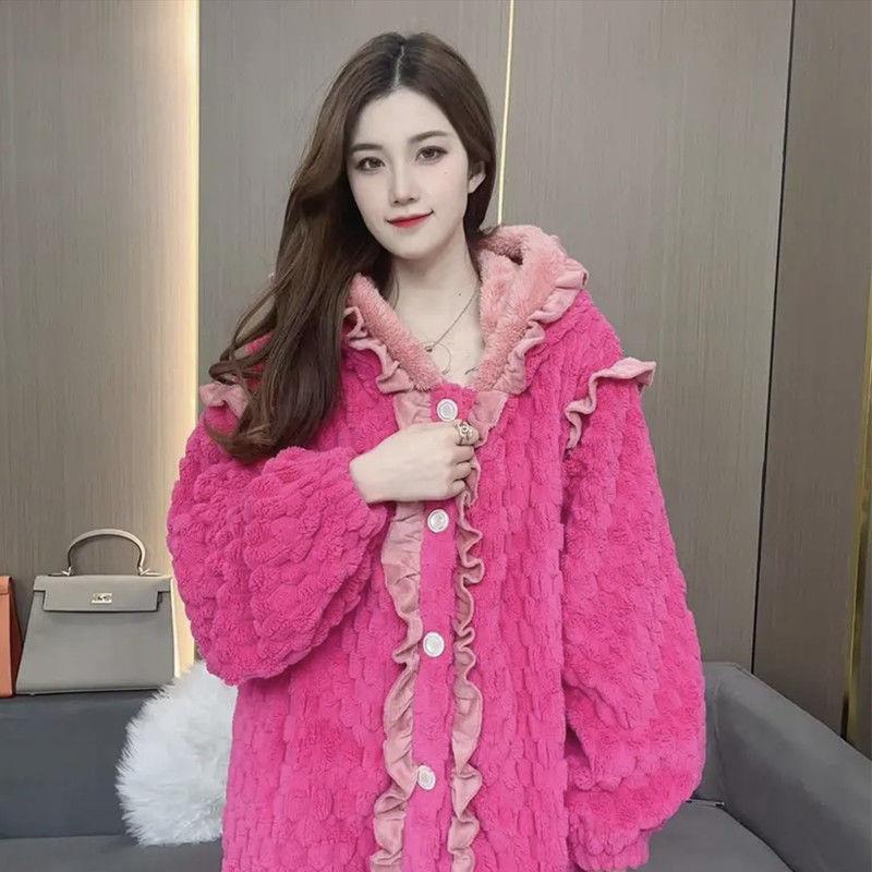 珊瑚绒连帽睡袍冬款女甜美长款法兰绒加厚保暖浴袍睡衣家居服套装
