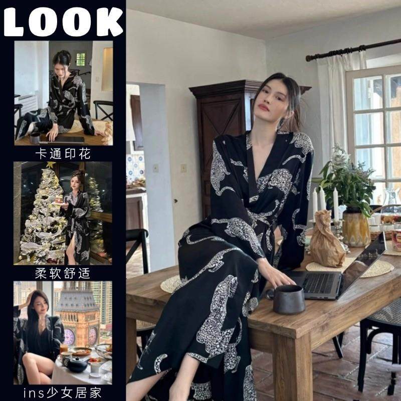 高级感豹子印花长袖睡衣女春秋夏季中长版睡袍浴袍晨袍可外穿睡裙,女士内衣/男士内衣/家居服,睡袍/浴袍,淘宝优惠券,粉丝福利购,淘宝优惠卷