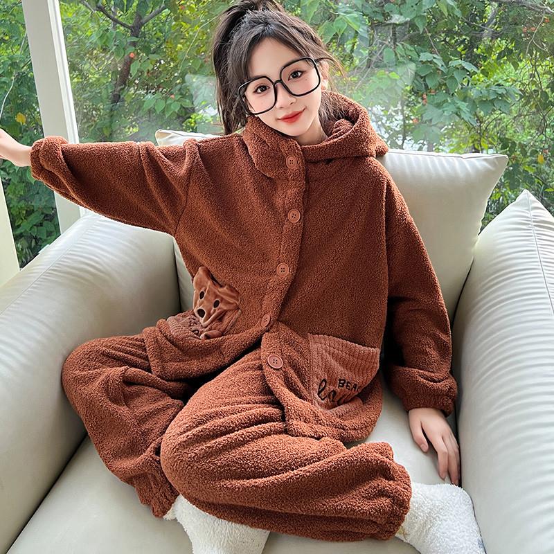 女童睡衣法兰绒加厚款秋冬季大儿童家居服珊瑚绒冬天小孩连帽套装