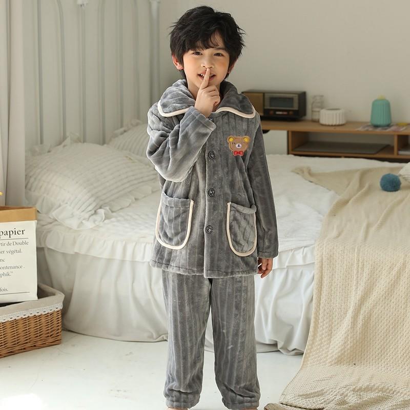 秋冬季儿童法兰绒睡衣男童男孩加厚珊瑚绒大童女童宝宝家居服套装