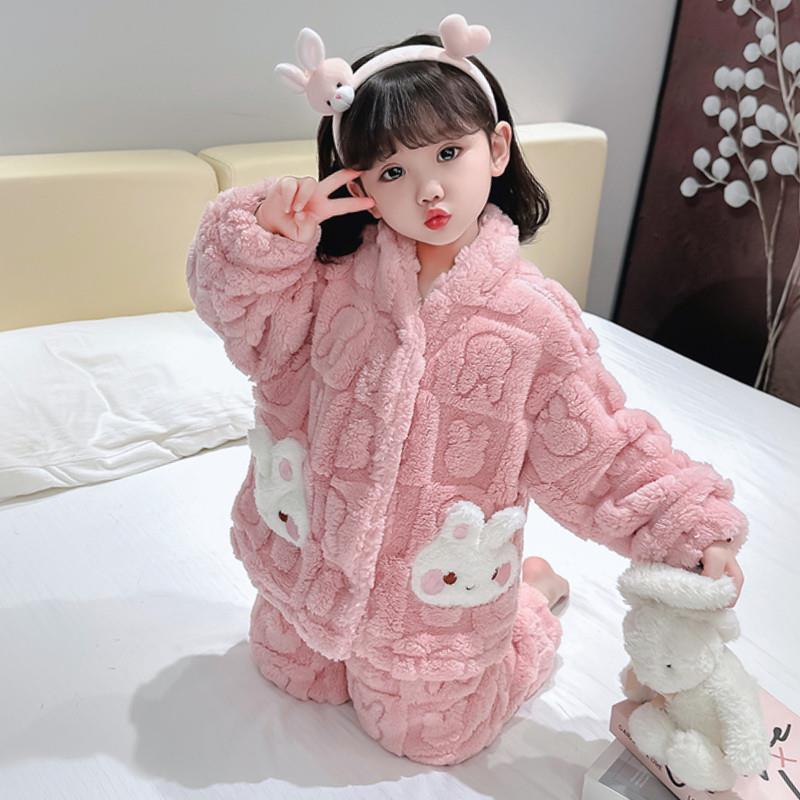女童法兰绒睡衣秋冬季儿童珊瑚绒加厚女孩冬款宝宝可爱家居服套装