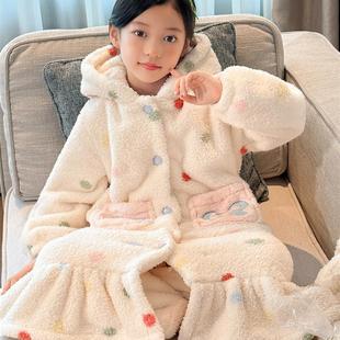 儿童睡袍珊瑚绒冬装女童加绒加厚家居服大童初中生法兰绒长款睡衣