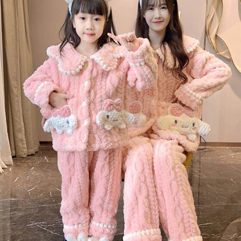 女童珊瑚绒睡衣秋冬款儿童法兰绒母女装玉桂狗女孩冬季家居服套装