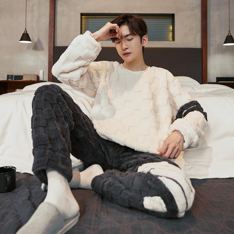 法兰绒睡衣男冬季加厚加绒珊瑚绒长袖男士青少年高级感家居服套装