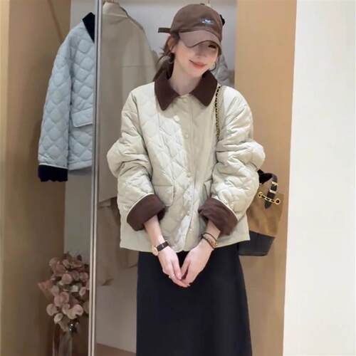 夹棉加厚外套女短款上衣秋冬新款2026韩系宽松简约小个子菱格棉服