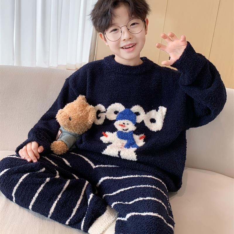 男童秋冬款珊瑚绒睡衣套装2025新款儿童半边绒冬季加绒加厚家居服