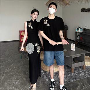 t恤女旗袍连衣裙法式 新中式 小众设计感短袖 夏季 一裙一衣潮 情侣装