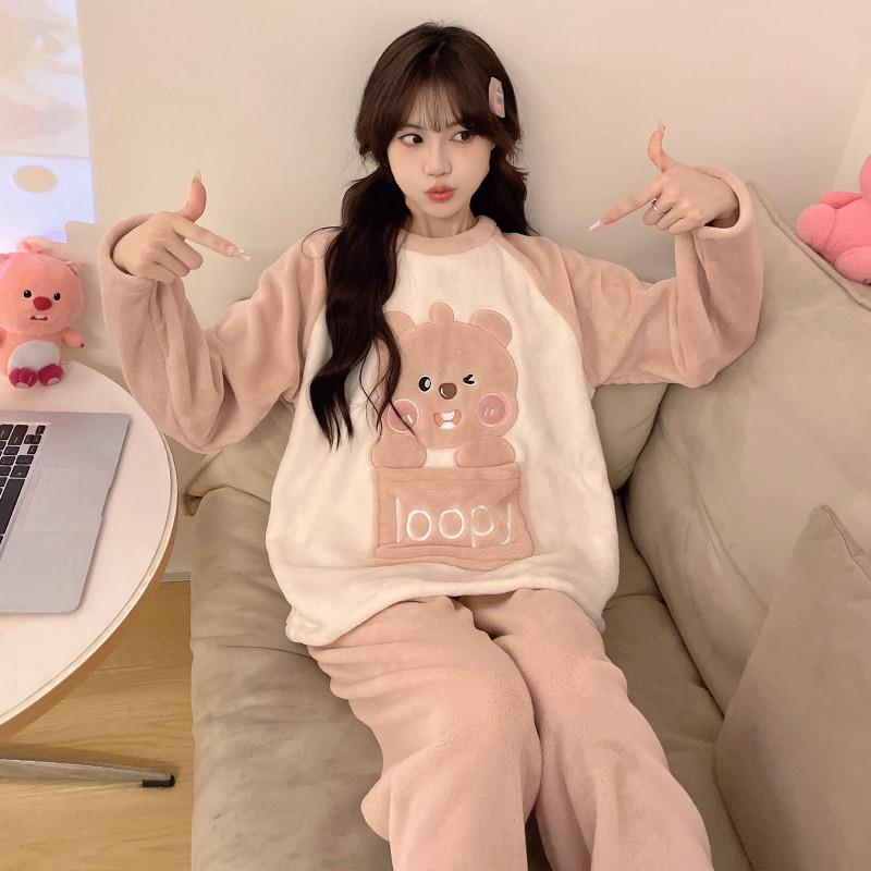 初中生女孩冬天大童法兰绒睡衣长袖儿童薄绒保暖秋冬季珊瑚绒套装