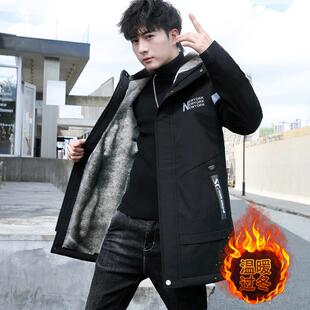 中长款 加绒加厚大皮毛外衣服潮流冬装 风衣加棉外套 派克服男士 冬季