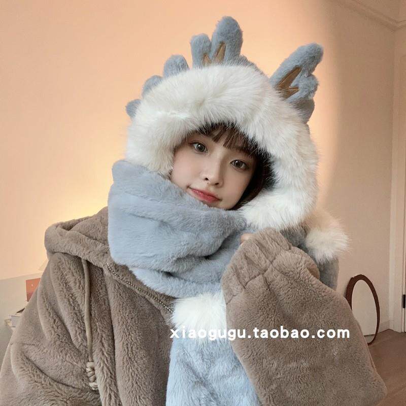 侧面小叶冠耳朵帽子围巾手套一体女生冬季保暖卡通可爱连体帽双层