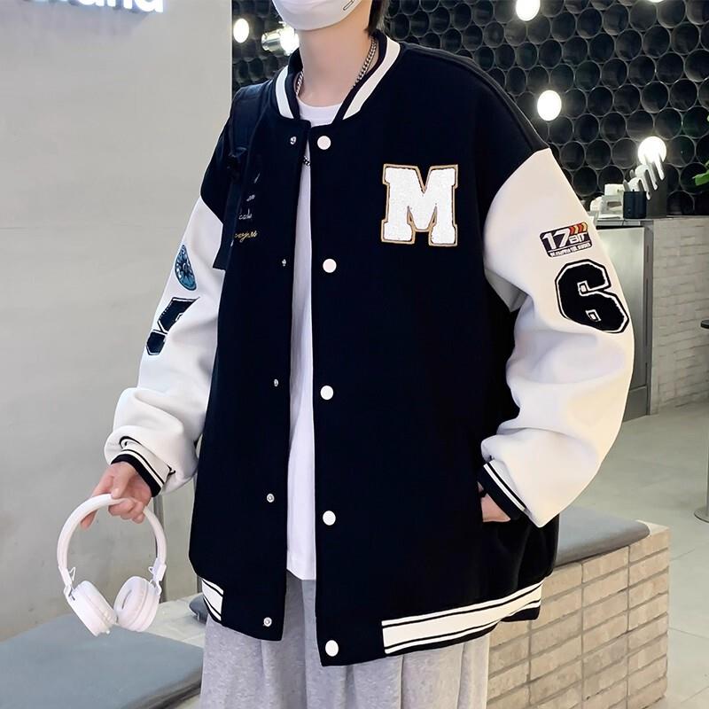 棒球服外套男士春秋冬季潮牌美式痞帅青少年男款加绒宽松休闲夹克图片