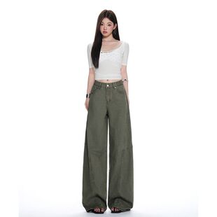 军绿色工装裤女2026夏季超薄款米白色纯棉全棉宽松休闲阔腿裤子女