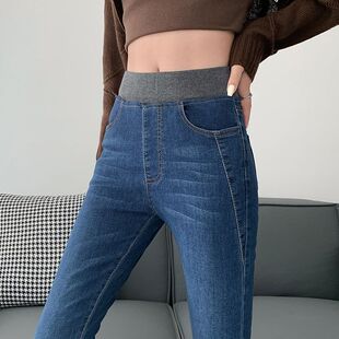 松紧腰加绒牛仔裤女高腰大码弹力小脚裤中年妈妈秋冬加棉保暖裤子