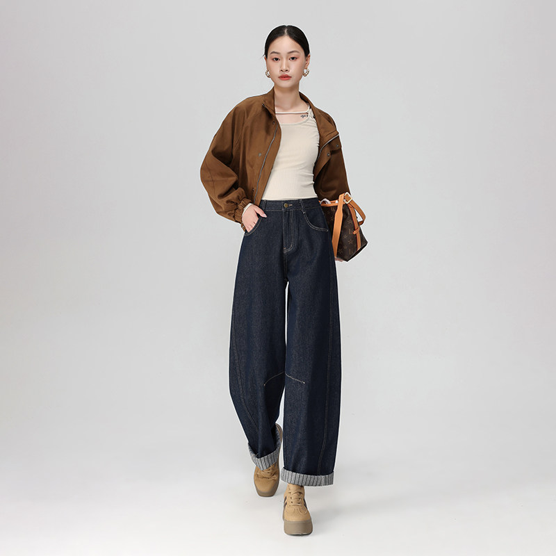 美式丹宁深蓝色街头弯刀牛仔裤女图片