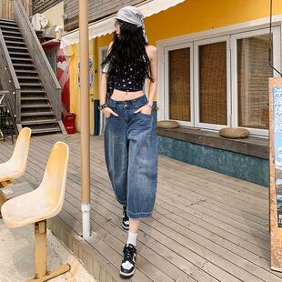 双扣七分牛仔裤女夏季2026新款7分裤弯刀阔腿中裤夏天五分裤短裤