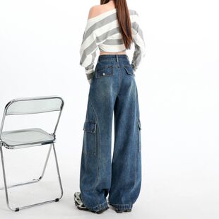 宽松高街拖地休闲长裤 大口袋弯刀工装 新款 女2026春秋季 子潮 牛仔裤