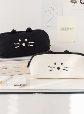 韩国romane可爱简约猫咪柔软中小学生笔袋多功能文具收纳包铅笔盒