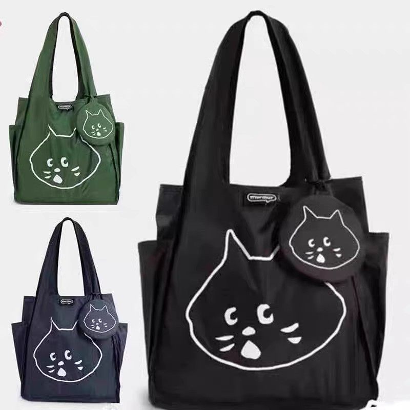 日系惊讶猫可折叠轻薄便携购物袋学生手提单肩包小号环保袋二件套