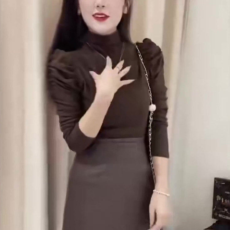大码泡泡袖半高领加厚德绒内搭长袖打底衫T恤女秋冬修身显瘦上衣