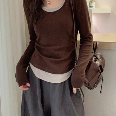 大码时尚假两件撞色磨毛长袖T恤