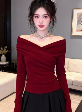 纯欲辣妹风红色露肩V领长袖T恤打底衫女春秋冬季修身显瘦大码上衣