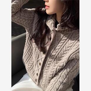 秋冬新款加厚100%纯羊毛立领扭花开衫女宽松短款百搭外套长袖上衣