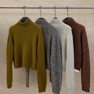 秋冬小个子短款100%纯羊毛衫女半高领针织衫宽松毛衣套头加厚打底