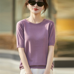 薄毛衣 T恤女圆领宽松百搭套头打底半袖 春夏新款 精纺羊毛针织短袖