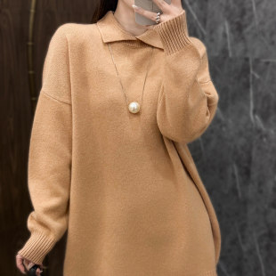 休闲翻领加厚100%纯羊毛打底衫女秋冬中长款宽松显瘦针织套头毛衣