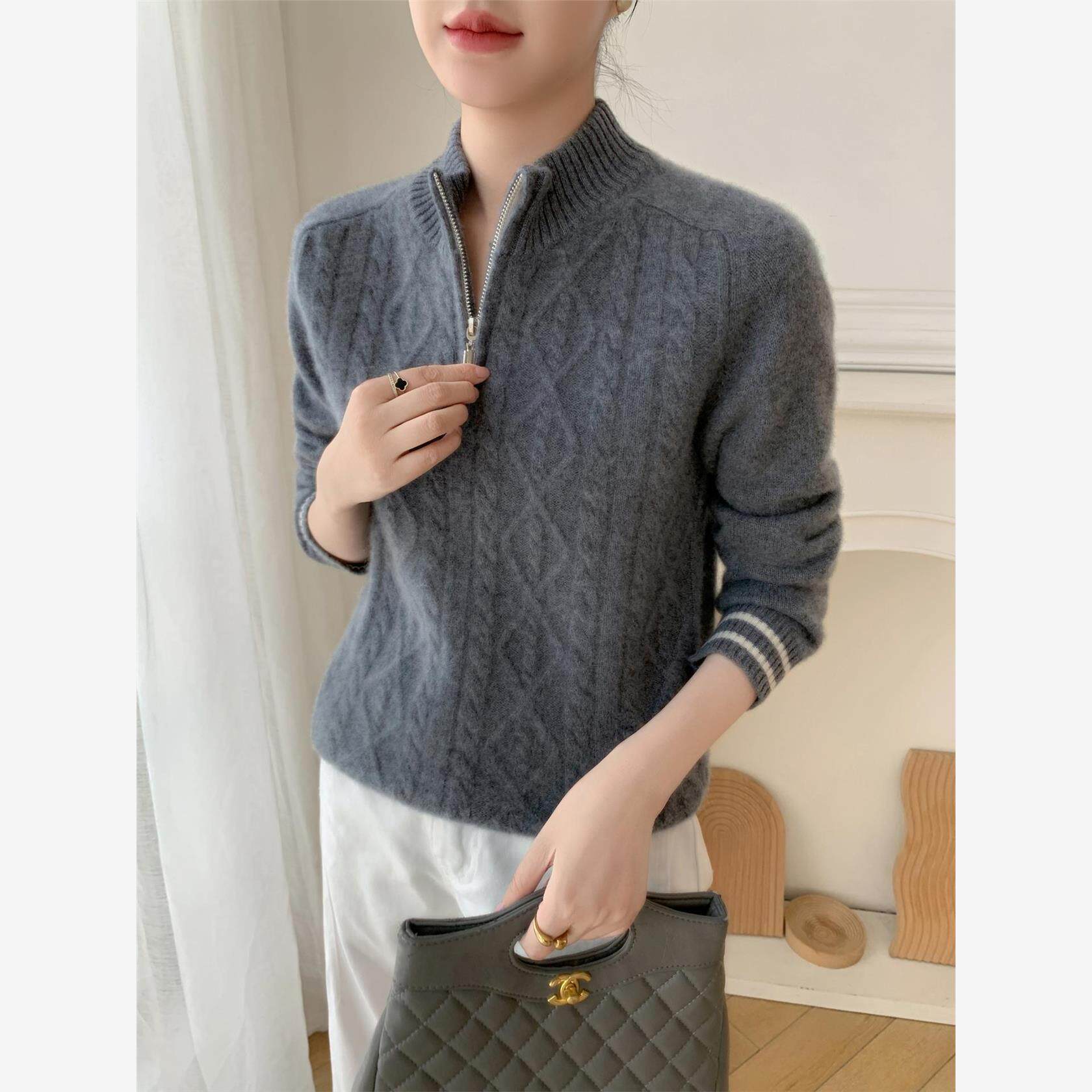 时髦洋气~重工绞花加厚山羊绒女士半高拉炼套头毛衣羊绒针织衫