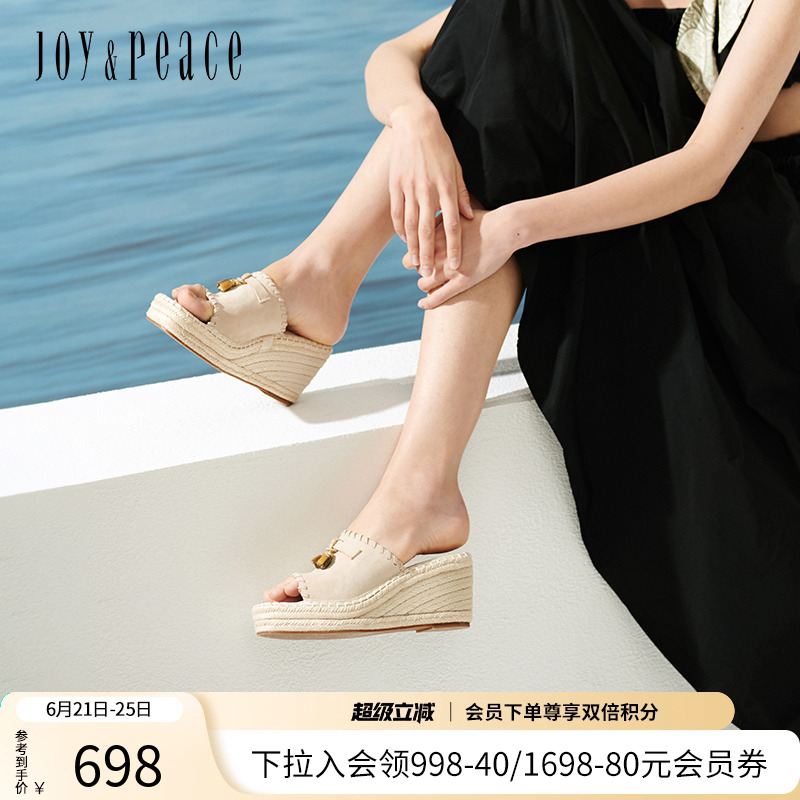真美诗2025年夏季新款羊皮复古草编8cm坡跟厚底凉拖鞋女25051BT5