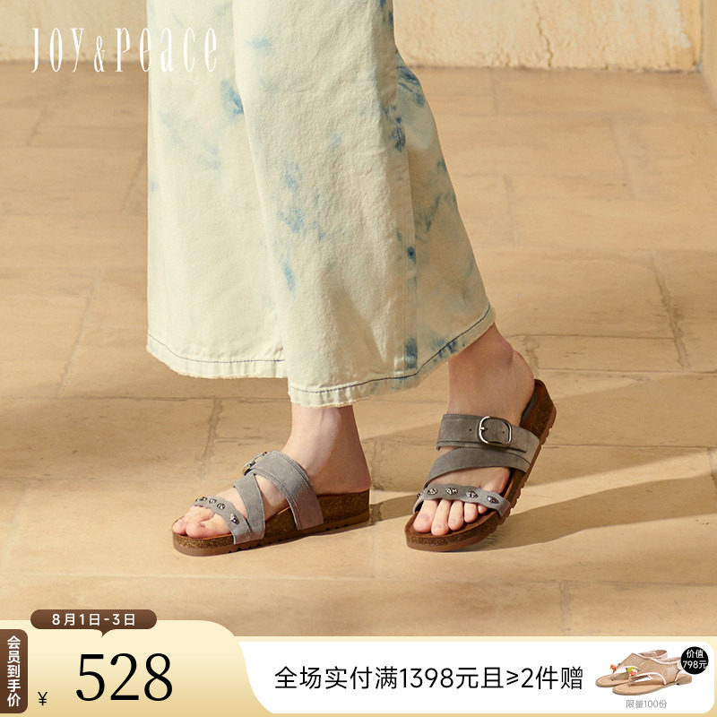 真美诗25夏新款牛绒金属豆厚底勃肯鞋懒人拖鞋女外穿YVT24