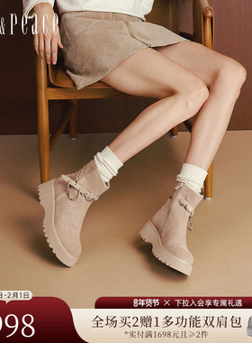 真美诗2025冬季新款牛皮复古珠链波嬉风时装靴厚底短靴女YYM80DZ5