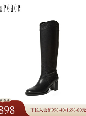 真美诗2025年冬季新款牛皮显瘦V口7cm粗高跟骑士靴长靴女51509DG5