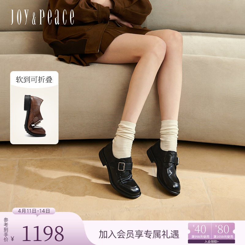 小桃同款真美诗自由之歌春季新款水洗牛皮复古黑色小皮鞋乐福鞋女