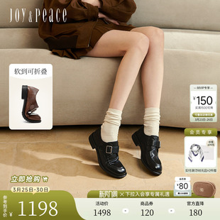 乐福鞋 小桃同款 水洗牛皮复古黑色小皮鞋 新款 女 真美诗自由之歌春季