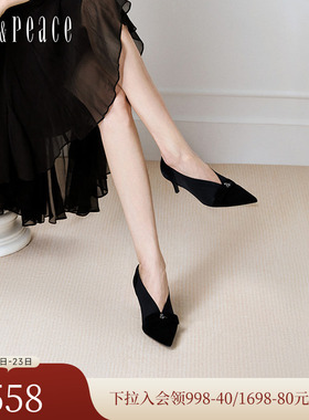 真美诗秋新款羊皮鸢尾花优雅通勤V口高跟鞋深口单鞋YXC28CA4