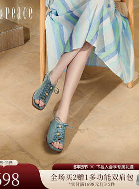 真美诗椰林海岸春新款复古牛仔蓝单鞋鱼嘴罗马凉鞋女AJ608AL5